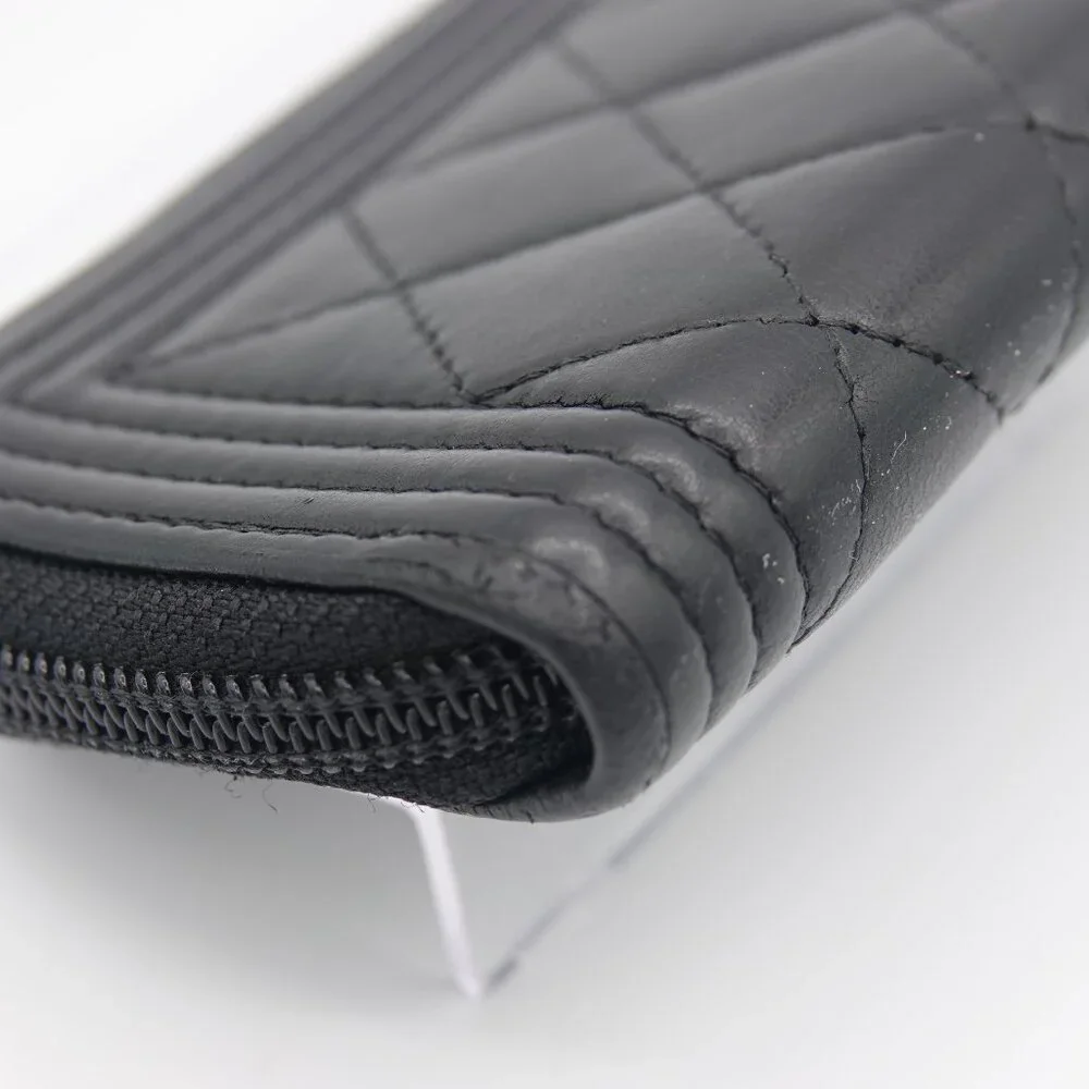 Chanel Boy Zip Around Coin Purse Wallet Lambskin Black